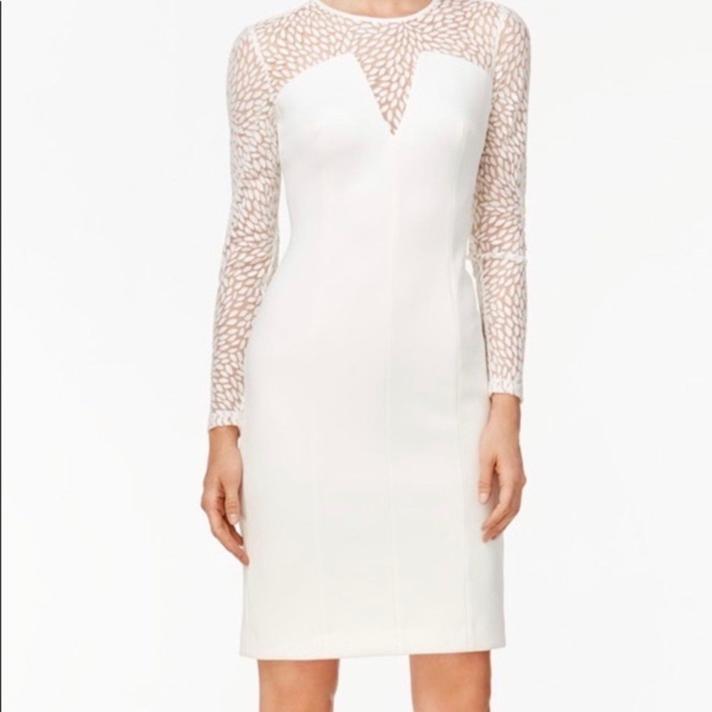 Calvin Klein white knee length dress illusion neckline sheer sleeves